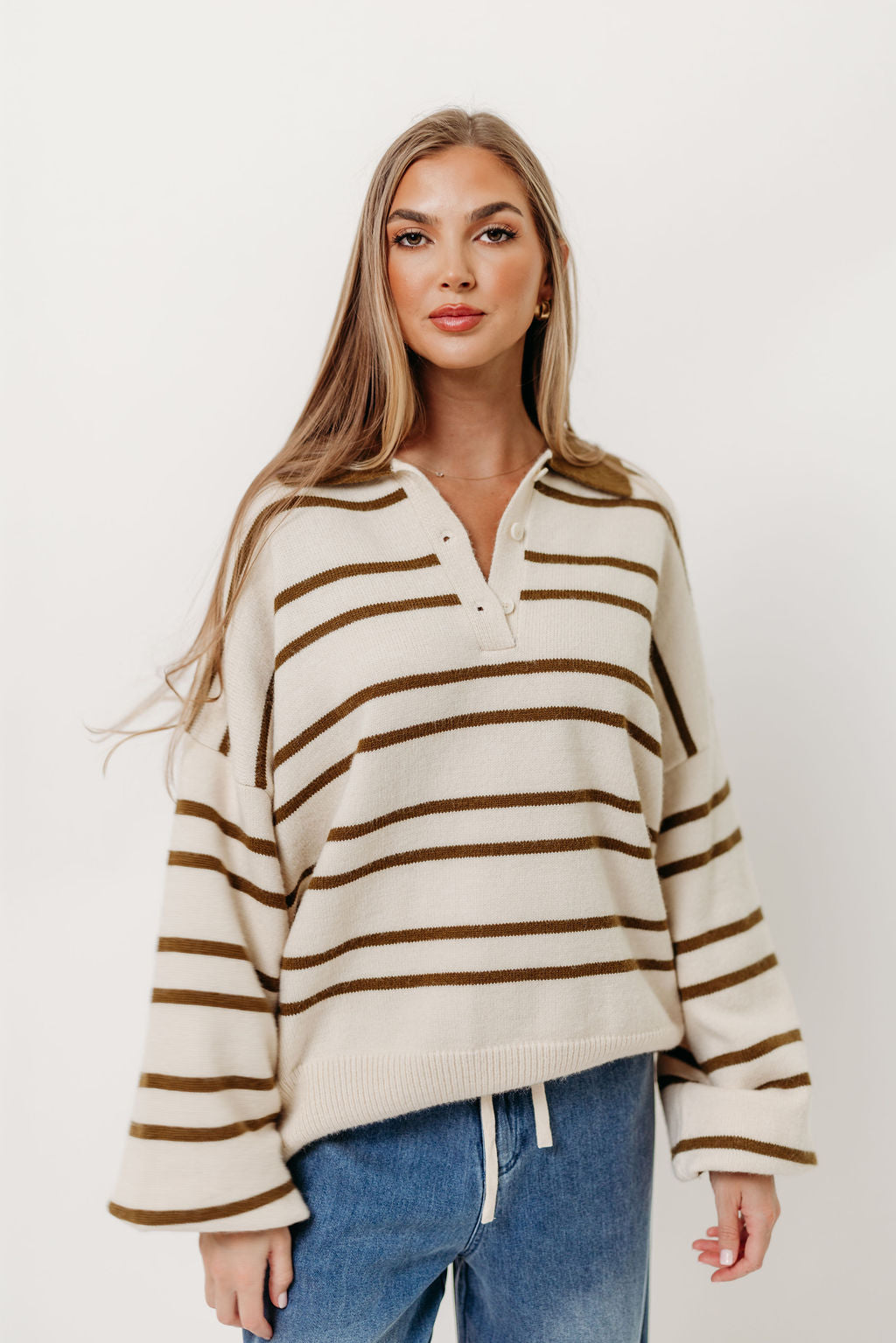 Juno Collared Sweater in Ivory Olive Stripe (Sign up for Restocks)