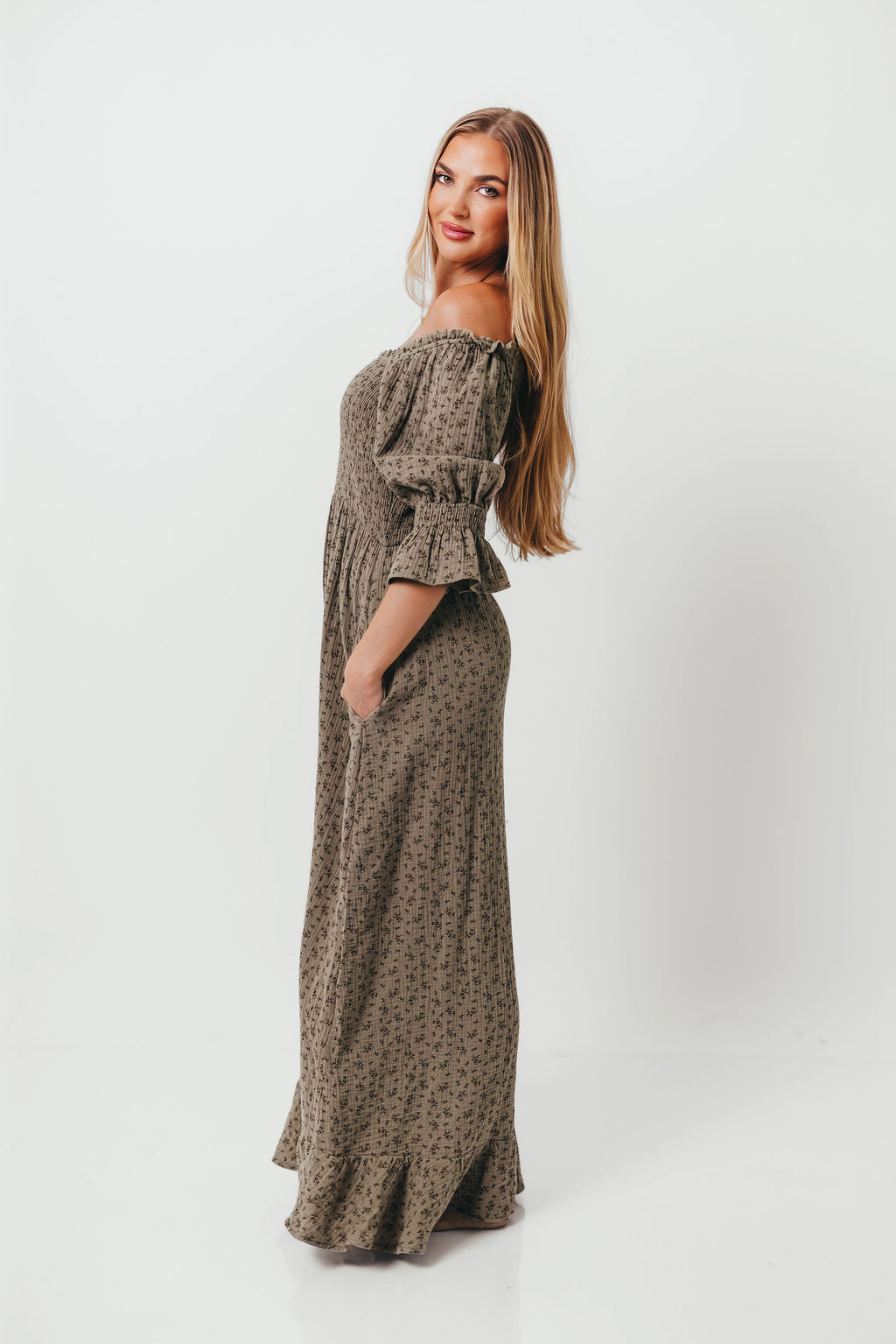 Sienna 100% Cotton Puff Sleeve Maxi Dress in Olive Foliage - Bump Friendly