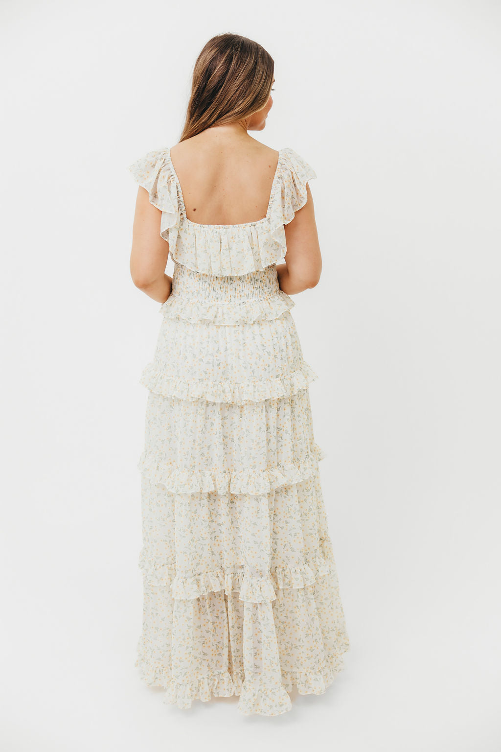 Astrid Ruffle Detail Maxi Dress in Yellow Floral - Bump Friendly