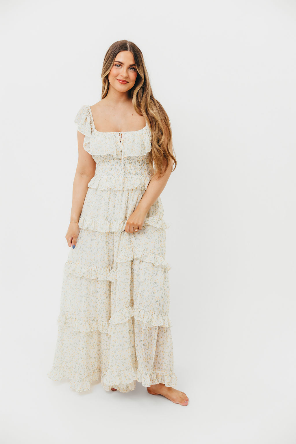 Astrid Ruffle Detail Maxi Dress in Yellow Floral - Bump Friendly