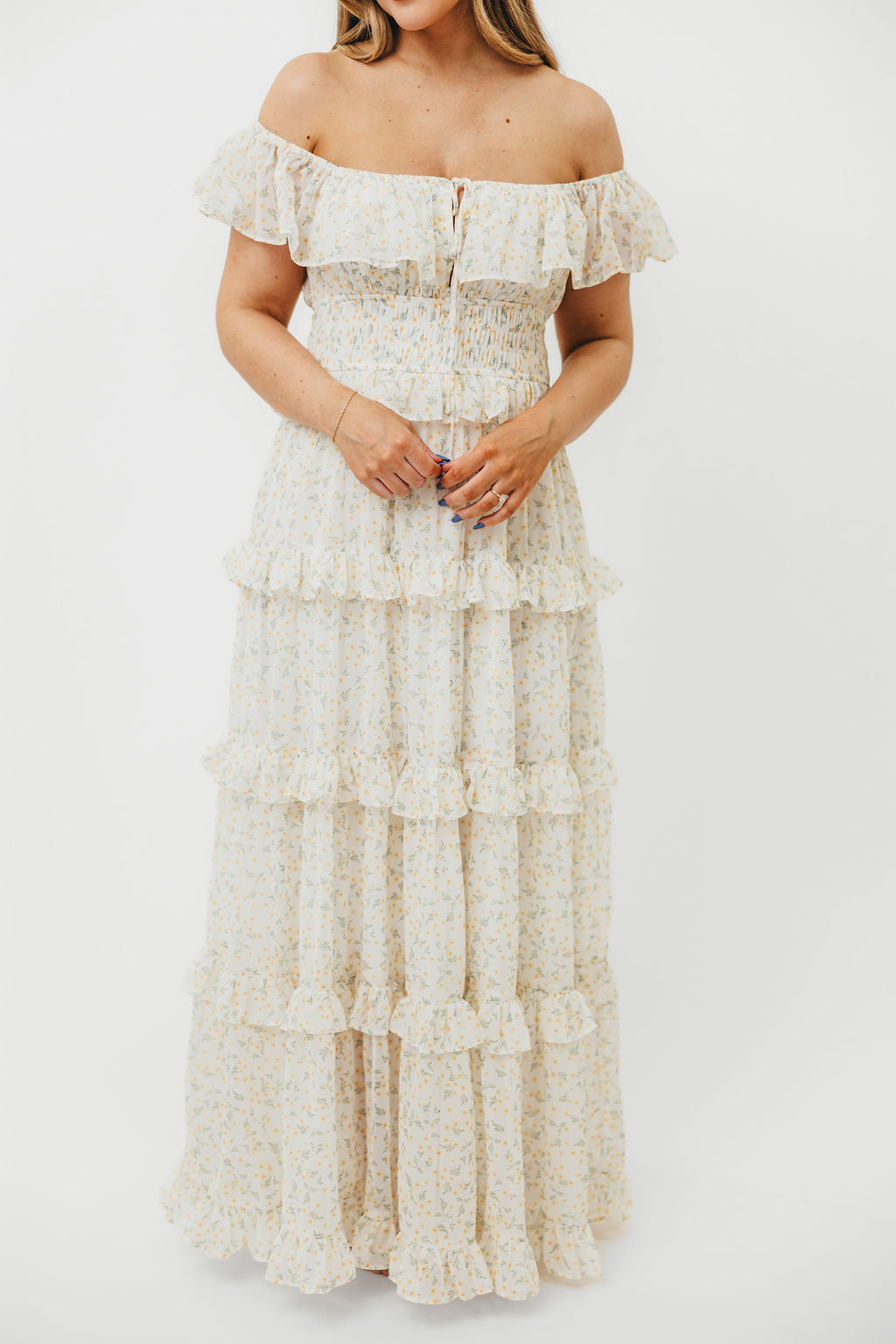 Astrid Ruffle Detail Maxi Dress in Yellow Floral - Bump Friendly
