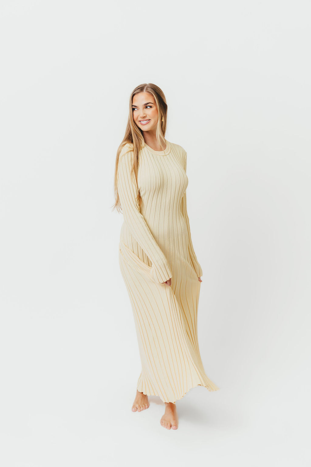 Colette Premium Long Sleeved Ribbed Knit Maxi Dress in Butter Yellow - Bump Friendly