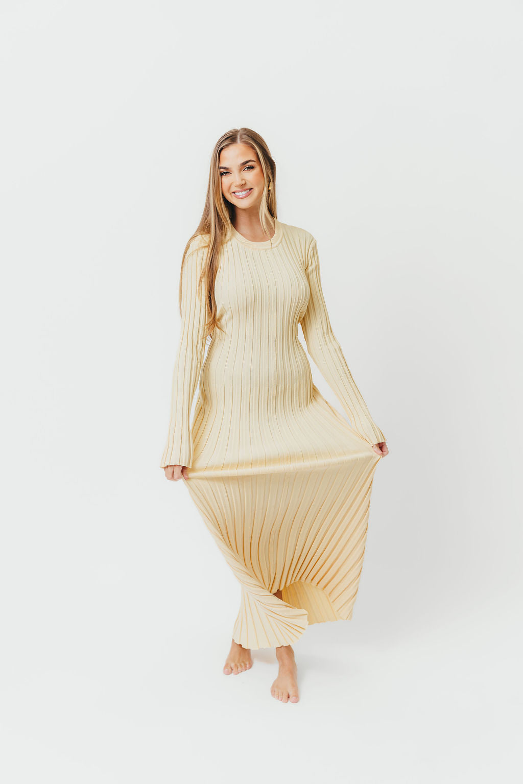 Colette Premium Long Sleeved Ribbed Knit Maxi Dress in Butter Yellow - Bump Friendly