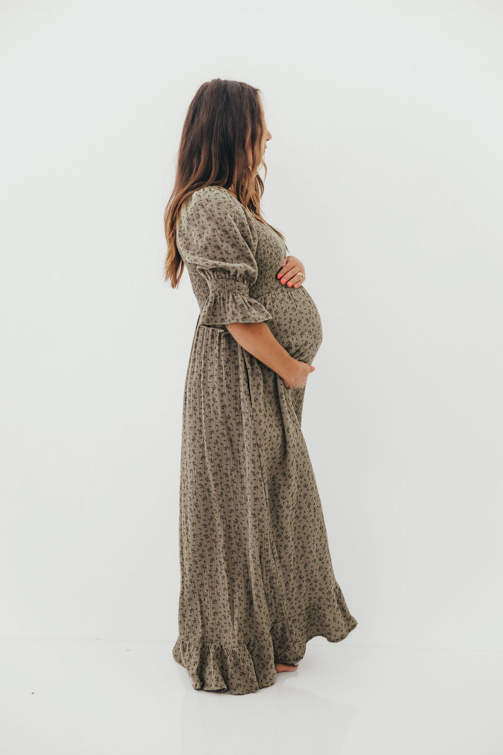 Sienna 100% Cotton Puff Sleeve Maxi Dress in Olive Foliage - Bump Friendly