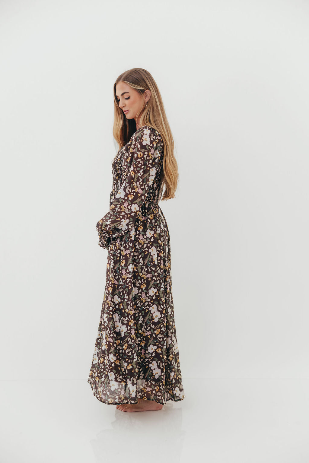 Luann Floral Maxi Dress in Mocha Mousse (No Restock)