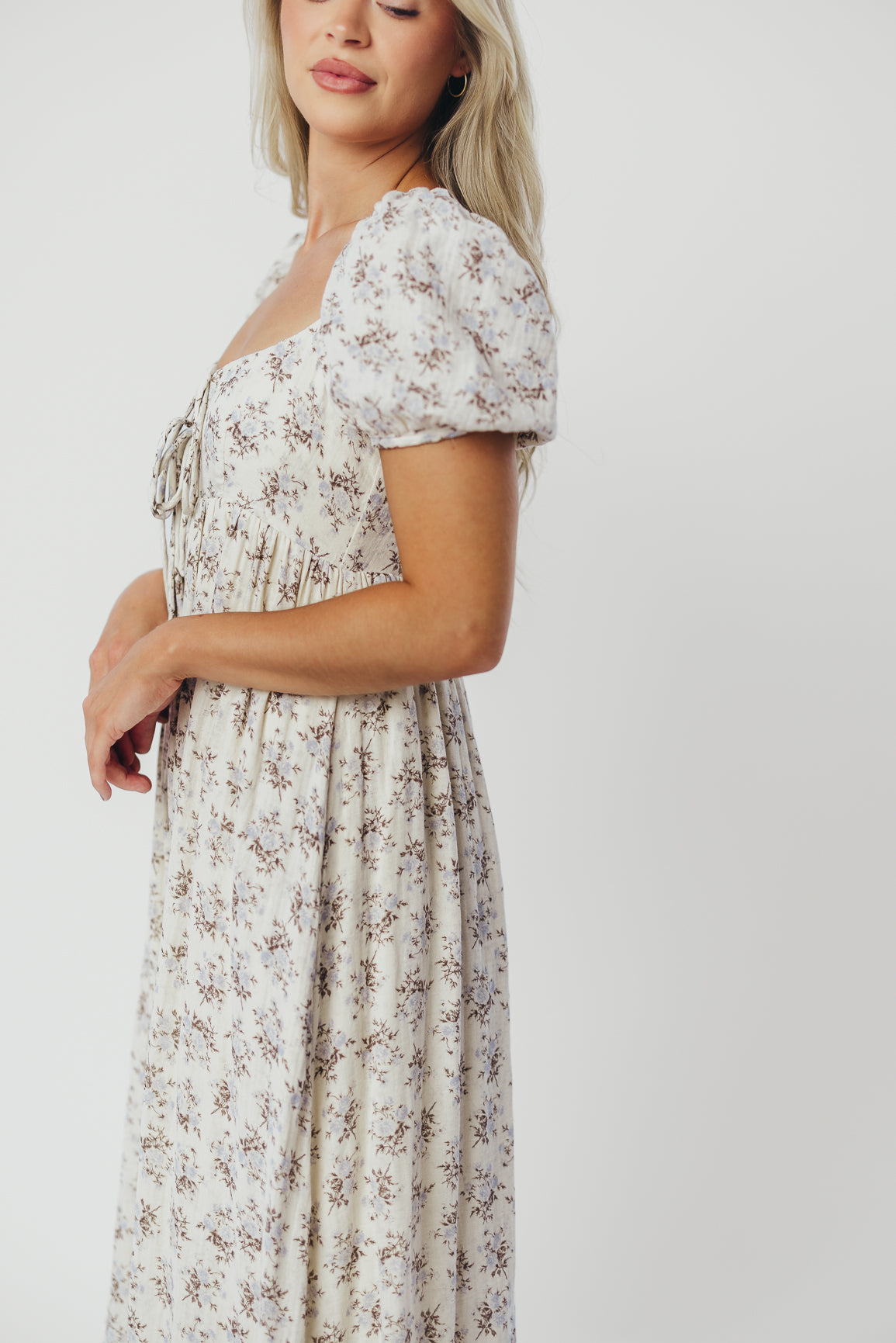 Haven 100% Cotton Tie-Front Maxi Dress in Blue/Brown Floral - Bump Friendly