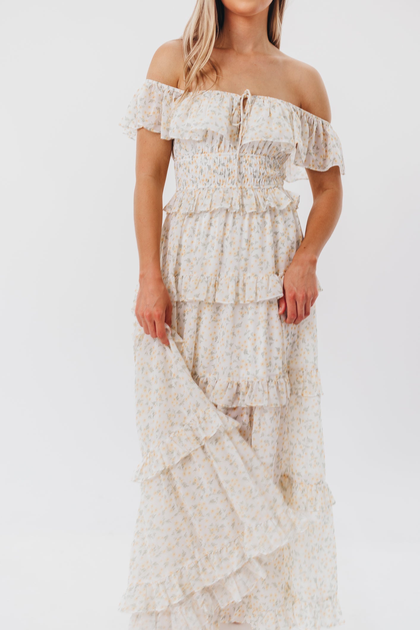 Astrid Ruffle Detail Maxi Dress in Yellow Floral - Bump Friendly
