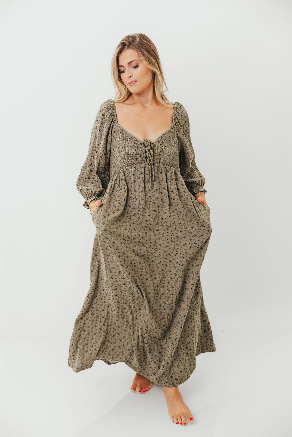 Cecilia 100% Cotton Smocked Maxi Dress in Olive Foliage - Bump Friendly