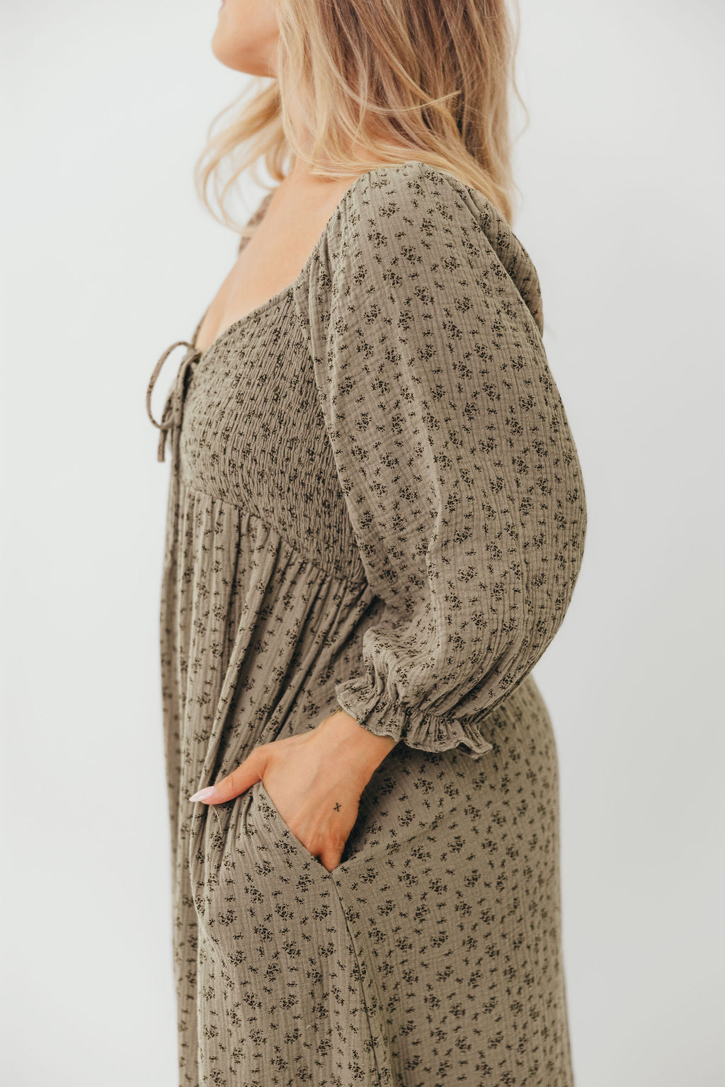 Cecilia 100% Cotton Smocked Maxi Dress in Olive Foliage - Bump Friendly