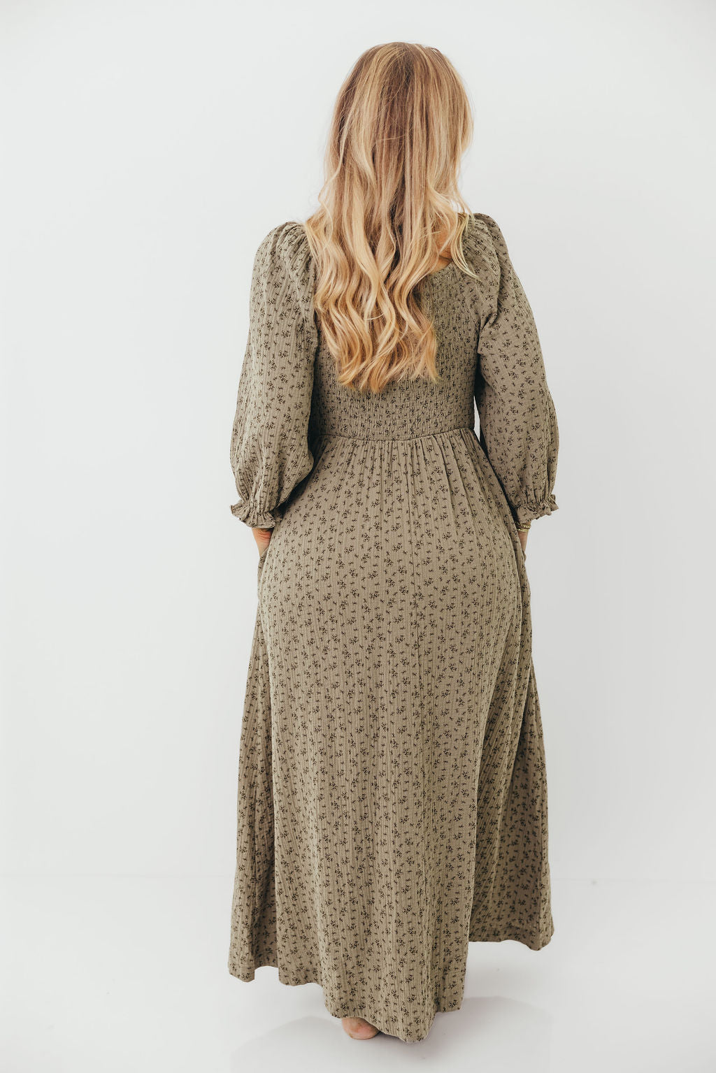 Cecilia 100% Cotton Smocked Maxi Dress in Olive Foliage - Bump Friendly
