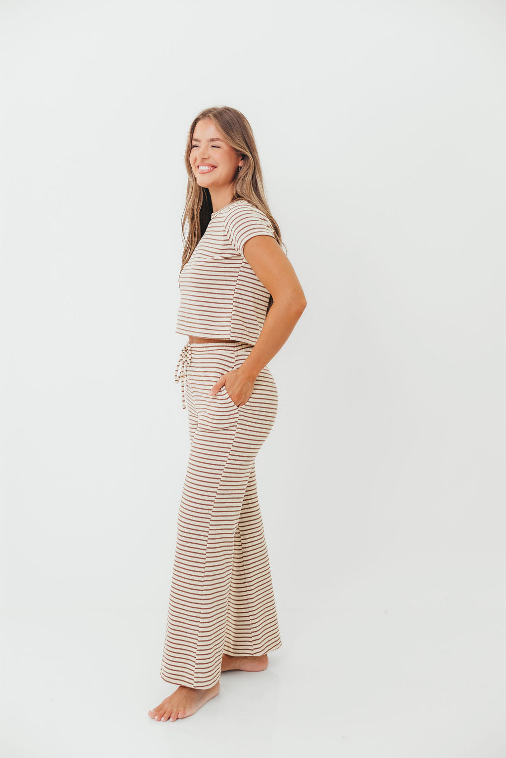 Find Your Soft Striped Flare Top and Pants Set in Cream Mocha