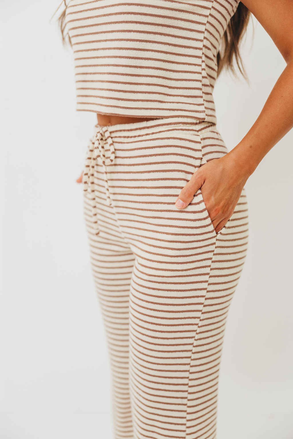Find Your Soft Striped Flare Top and Pants Set in Cream Mocha