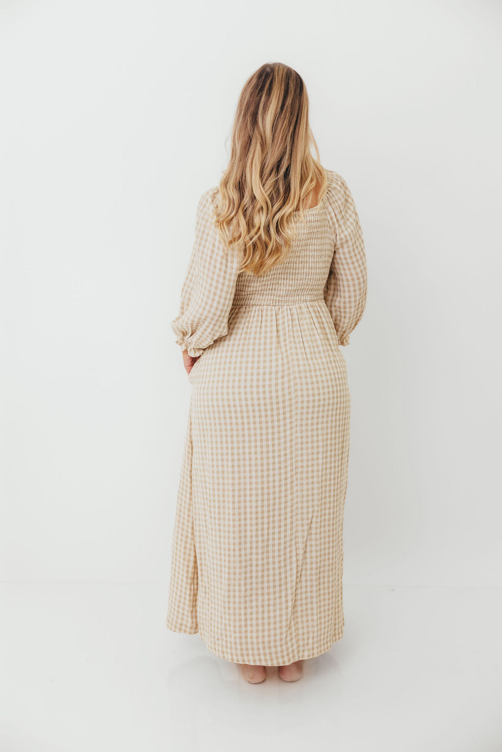 Cecilia 100% Cotton Smocked Maxi Dress in Natural Plaid - Bump Friendly