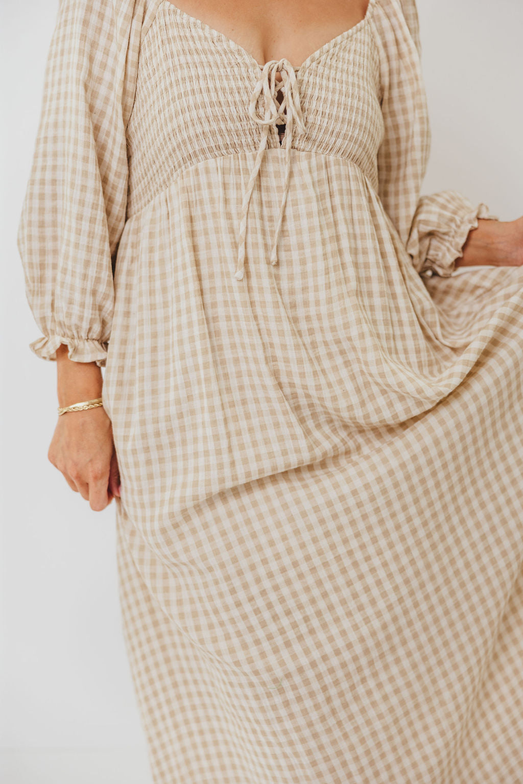 Cecilia 100% Cotton Smocked Maxi Dress in Natural Plaid - Bump Friendly