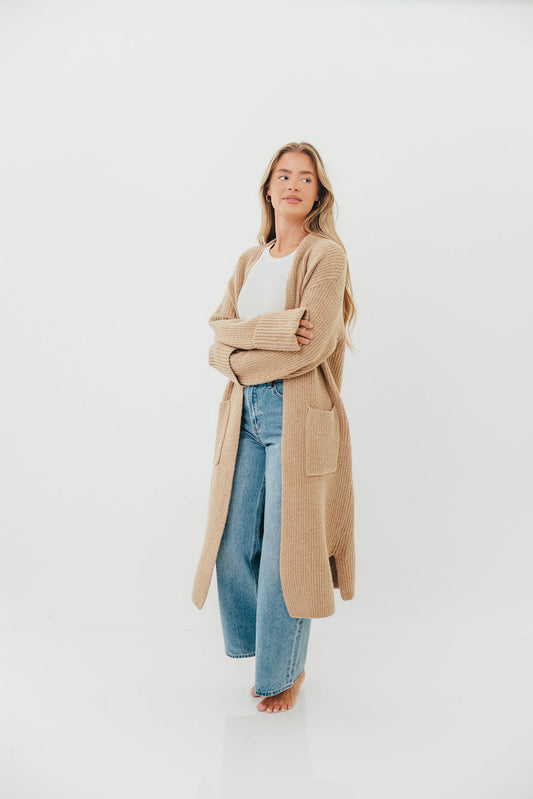 Rachel Longline Sweater Cardigan in Camel (No Restock)