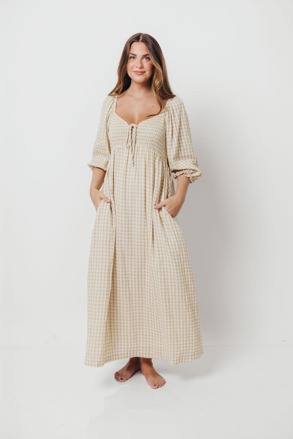 Cecilia 100% Cotton Smocked Maxi Dress in Natural Plaid - Bump Friendly