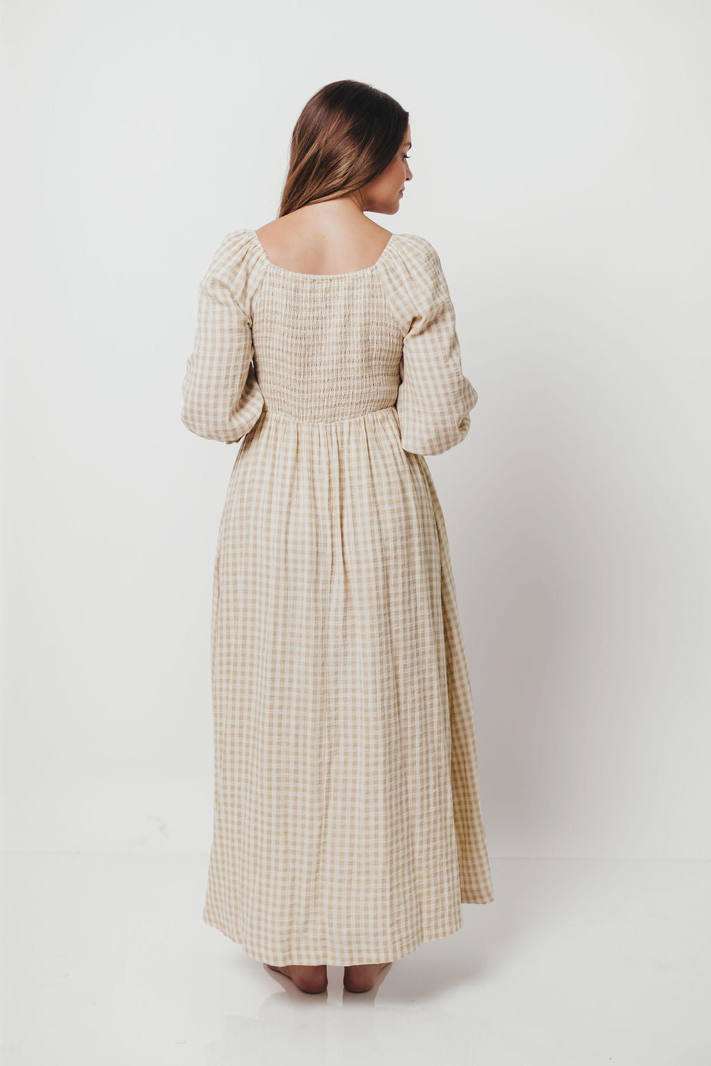 Cecilia 100% Cotton Smocked Maxi Dress in Natural Plaid - Bump Friendly