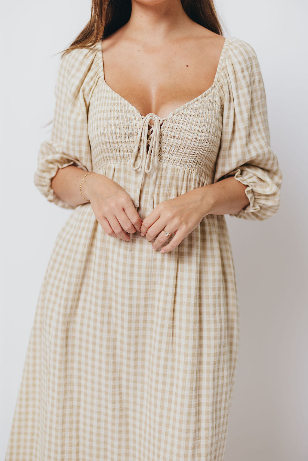 Cecilia 100% Cotton Smocked Maxi Dress in Natural Plaid - Bump Friendly