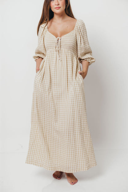 Cecilia 100% Cotton Smocked Maxi Dress in Natural Plaid - Bump Friendly