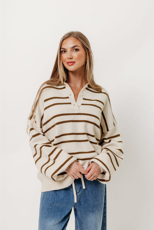 Juno Collared Sweater in Ivory Olive Stripe (Sign up for Restocks)