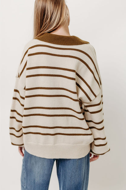 Juno Collared Sweater in Ivory Olive Stripe (Sign up for Restocks)