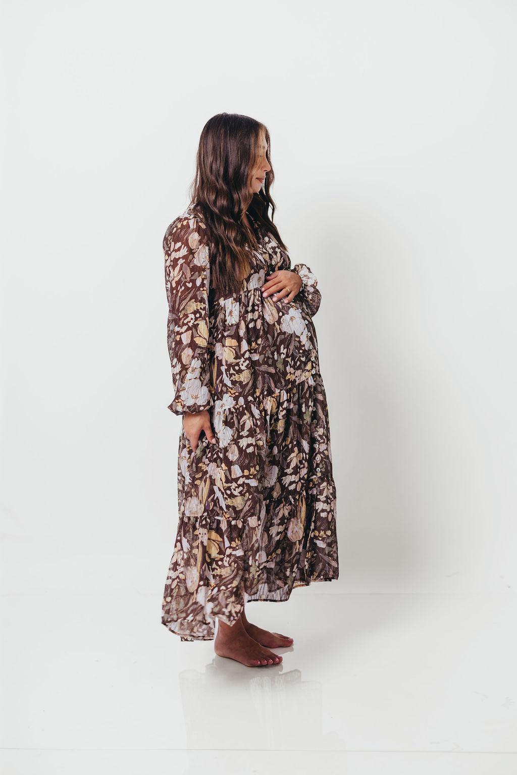 Eve Floral Print Button Front Duster Maxi With Detachable Slip in Brown Multi - Bump Friendly (No Restock)