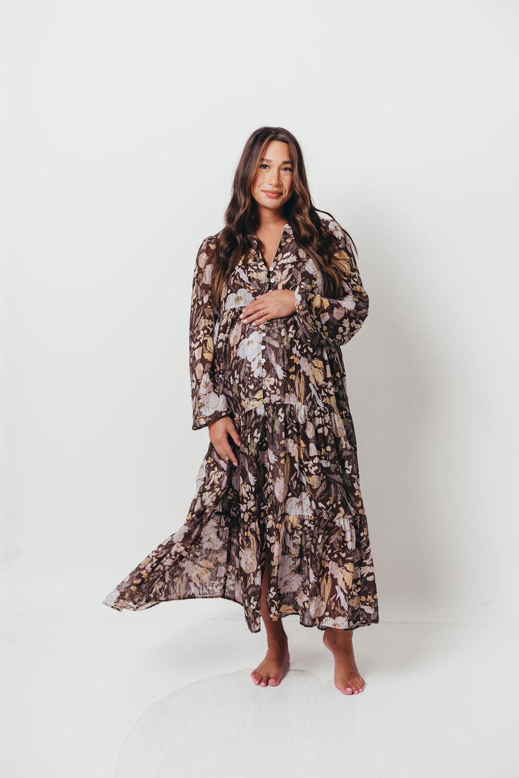 Eve Floral Print Button Front Duster Maxi With Detachable Slip in Brown Multi - Bump Friendly (No Restock)