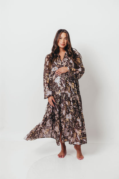 Eve Floral Print Button Front Duster Maxi With Detachable Slip in Brown Multi - Bump Friendly (No Restock)