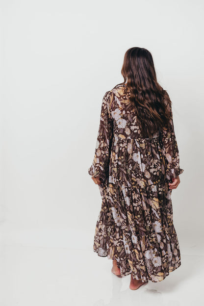 Eve Floral Print Button Front Duster Maxi With Detachable Slip in Brown Multi - Bump Friendly (No Restock)
