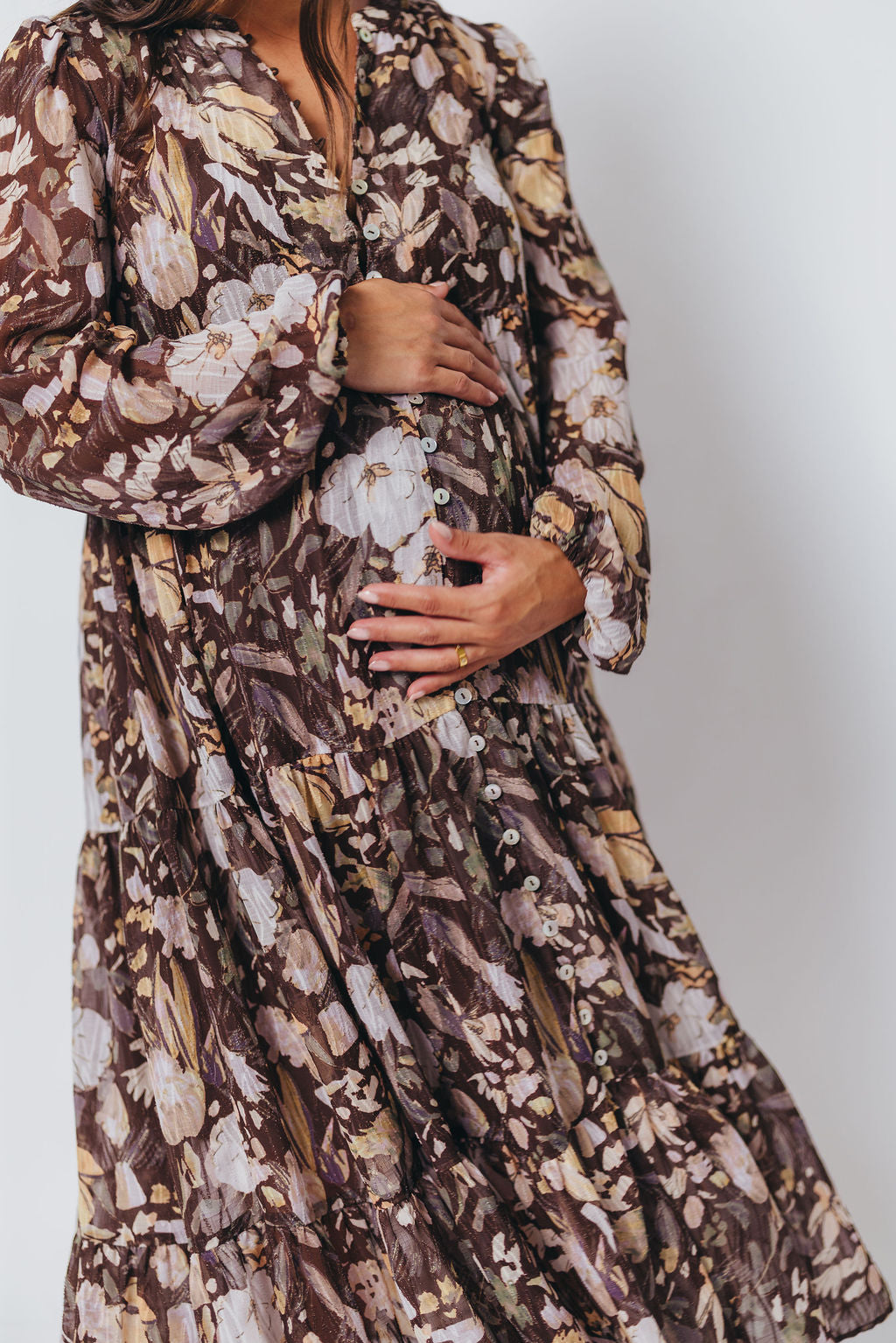 Eve Floral Print Button Front Duster Maxi With Detachable Slip in Brown Multi - Bump Friendly (No Restock)