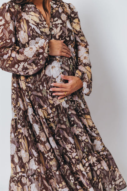 Eve Floral Print Button Front Duster Maxi With Detachable Slip in Brown Multi - Bump Friendly (No Restock)