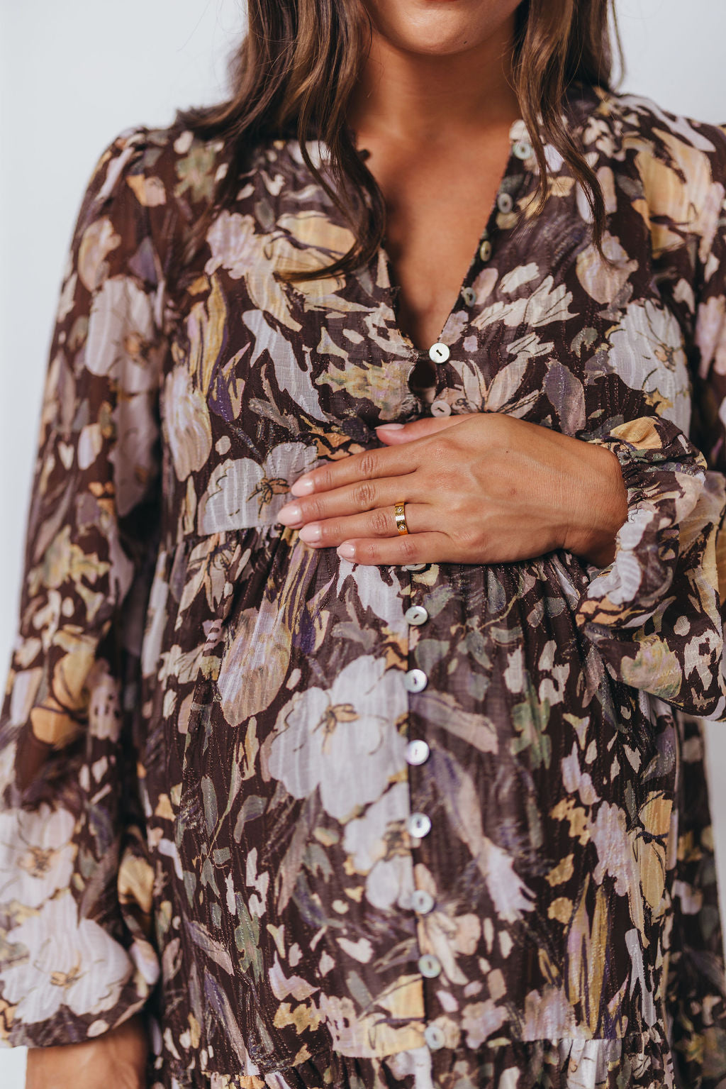 Eve Floral Print Button Front Duster Maxi With Detachable Slip in Brown Multi - Bump Friendly (No Restock)