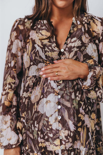 Eve Floral Print Button Front Duster Maxi With Detachable Slip in Brown Multi - Bump Friendly (No Restock)