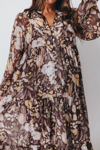 Eve Floral Print Button Front Duster Maxi With Detachable Slip in Brown Multi - Bump Friendly (No Restock)