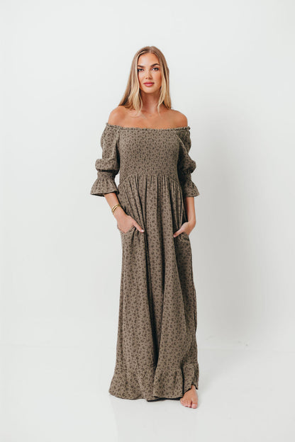 Sienna 100% Cotton Puff Sleeve Maxi Dress in Olive Foliage - Bump Friendly
