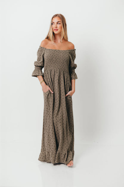 Sienna 100% Cotton Puff Sleeve Maxi Dress in Olive Foliage - Bump Friendly