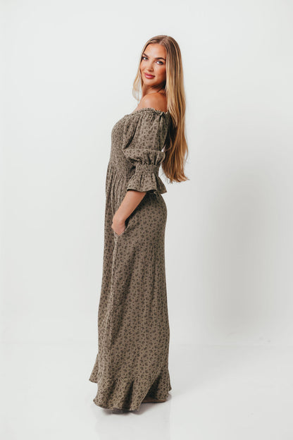 Sienna 100% Cotton Puff Sleeve Maxi Dress in Olive Foliage - Bump Friendly