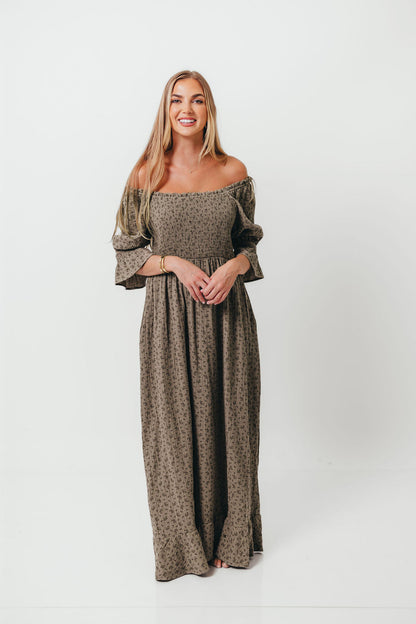 Sienna 100% Cotton Puff Sleeve Maxi Dress in Olive Foliage - Bump Friendly