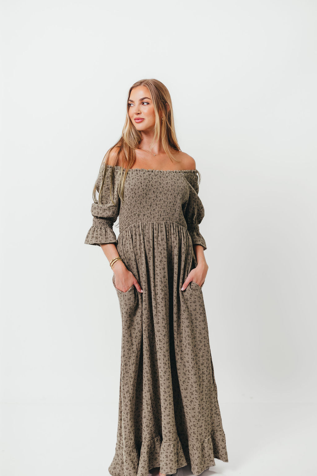 Sienna 100% Cotton Puff Sleeve Maxi Dress in Olive Foliage - Bump Friendly
