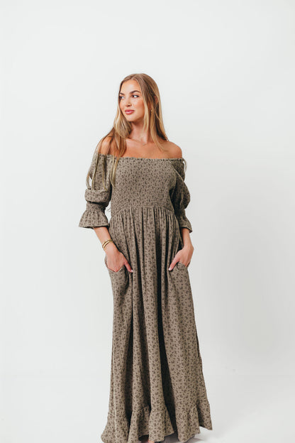 Sienna 100% Cotton Puff Sleeve Maxi Dress in Olive Foliage - Bump Friendly