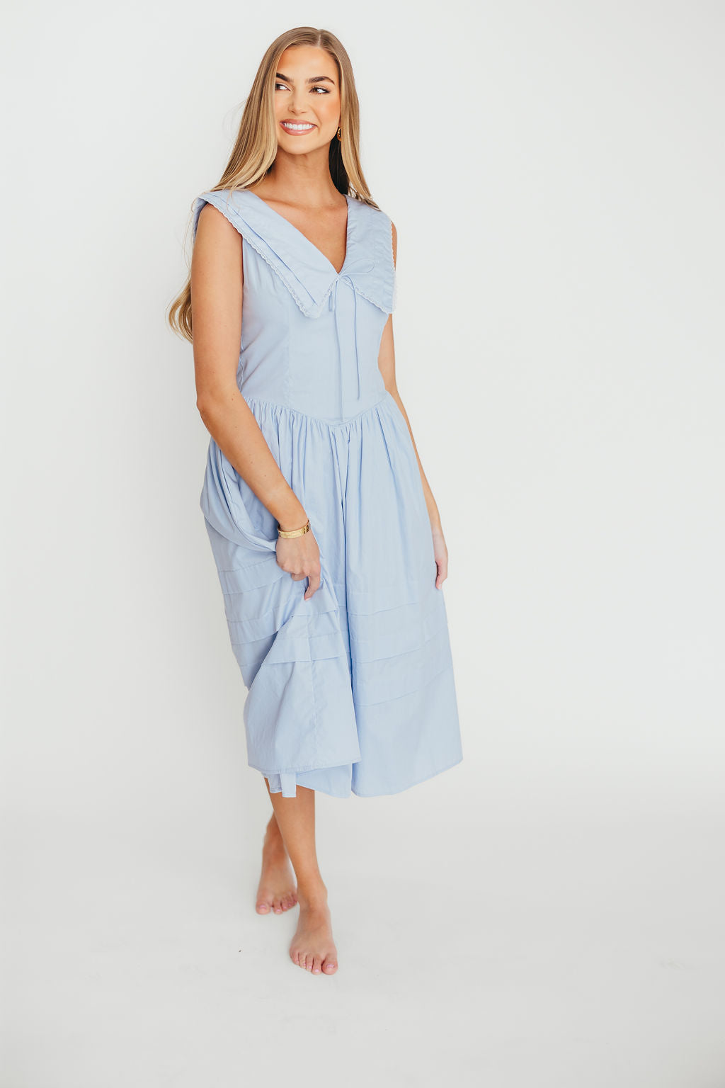 Sailor 100% Cotton Collared Midi Dress in Blue