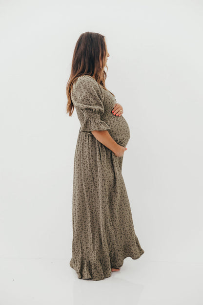 Sienna 100% Cotton Puff Sleeve Maxi Dress in Olive Foliage - Bump Friendly