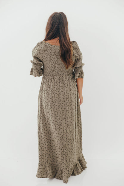 Sienna 100% Cotton Puff Sleeve Maxi Dress in Olive Foliage - Bump Friendly