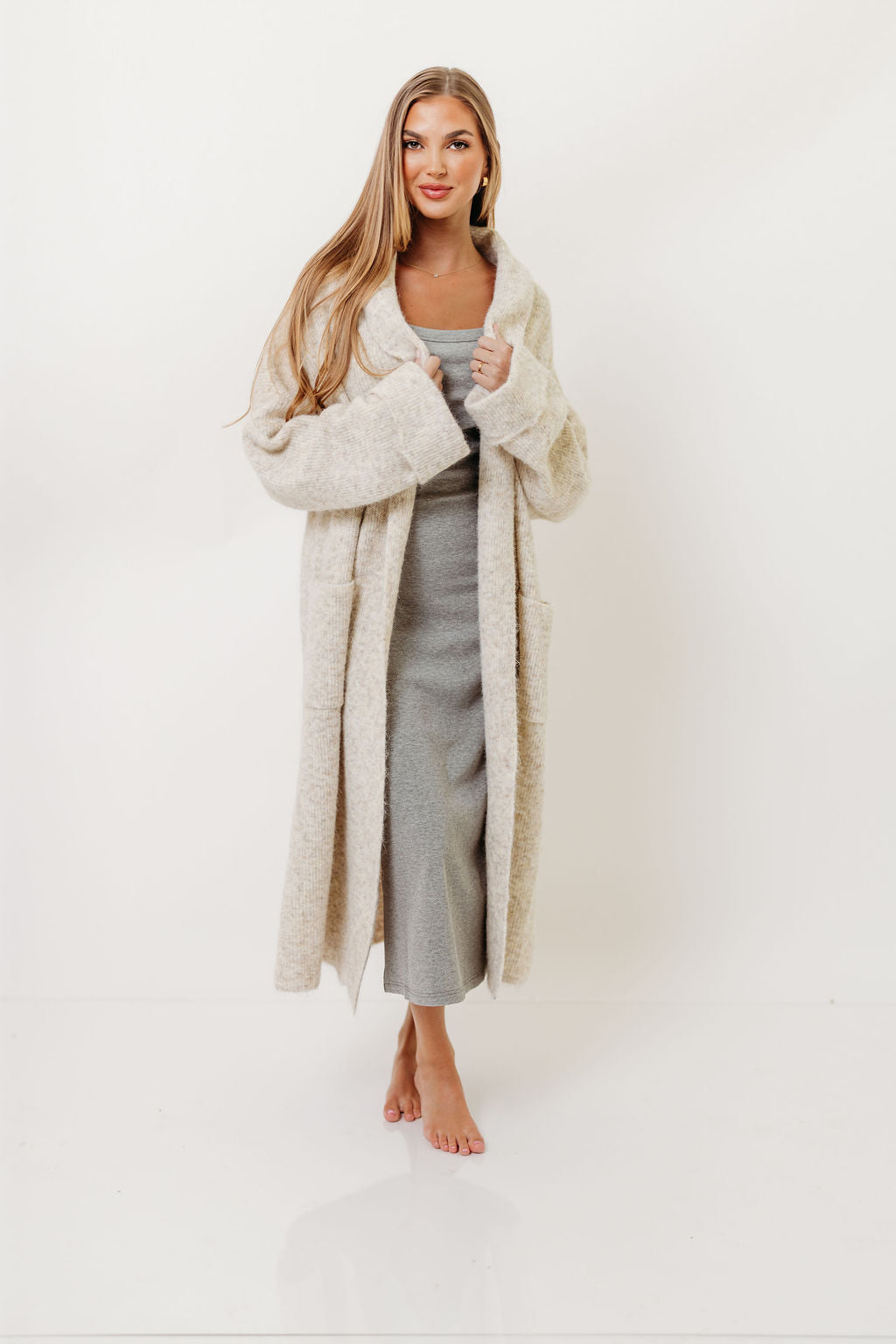 Amina Ribbed Knit Long Cardigan Jacket in Light Taupe (Signup for restock)