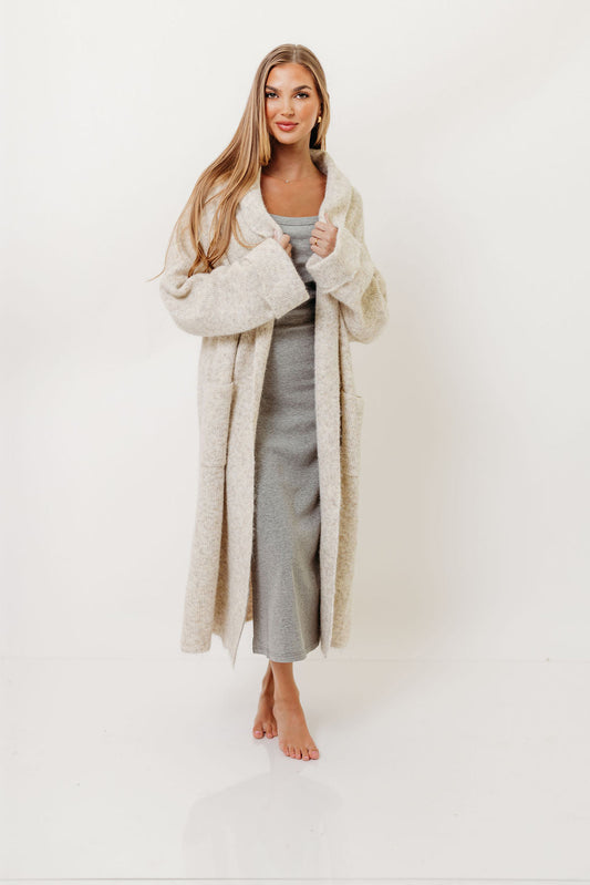 Amina Ribbed Knit Long Cardigan Jacket in Light Taupe (Signup for restock)