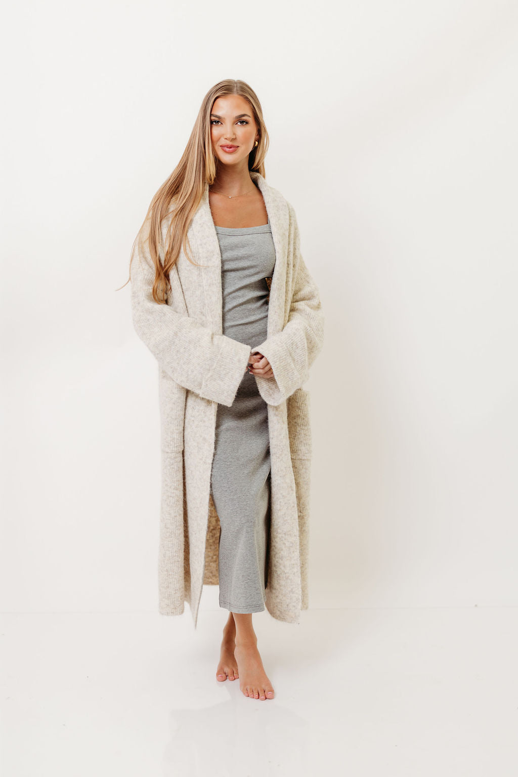 Amina Ribbed Knit Long Cardigan Jacket in Light Taupe (Signup for restock)