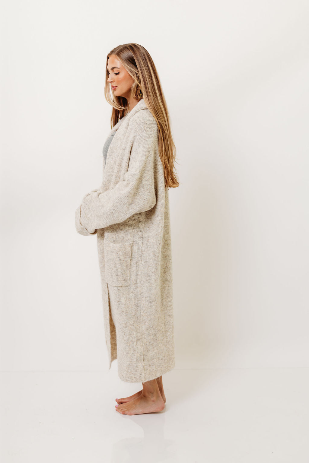 Amina Ribbed Knit Long Cardigan Jacket in Light Taupe (Signup for restock)