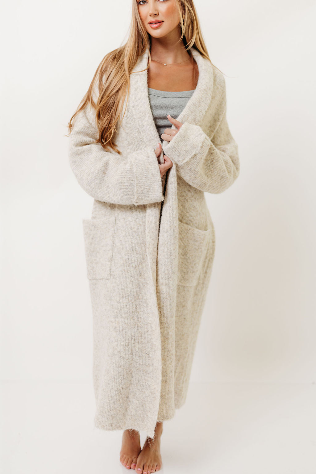 Amina Ribbed Knit Long Cardigan Jacket in Light Taupe (Signup for restock)