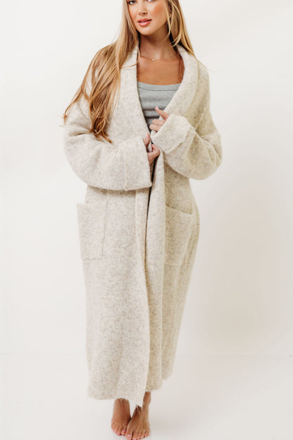 Amina Ribbed Knit Long Cardigan Jacket in Light Taupe (Signup for restock)