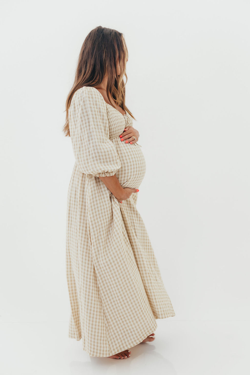 Cecilia 100% Cotton Smocked Maxi Dress in Natural Plaid - Bump Friendly
